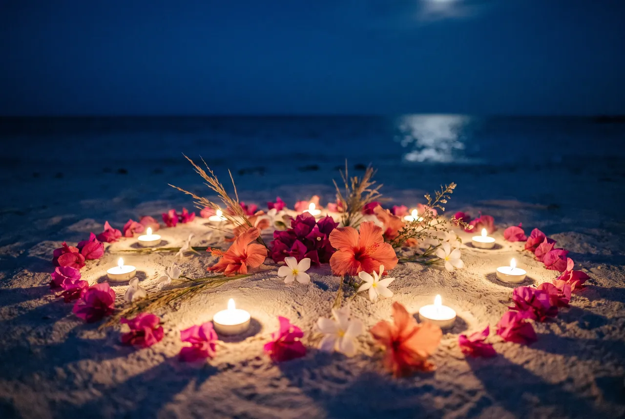 Un círculo de velas y flores sobre la arena, de noche, junto al mar