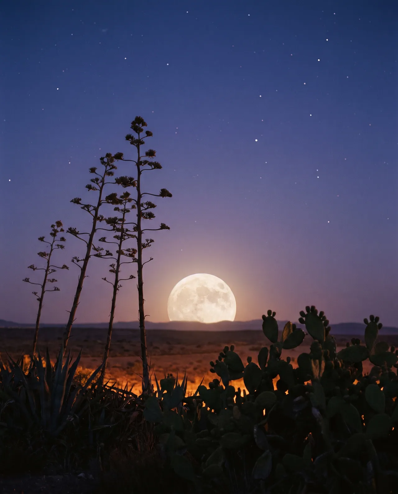 Luna llena sobre el desierto en la hora azul, entre pitas