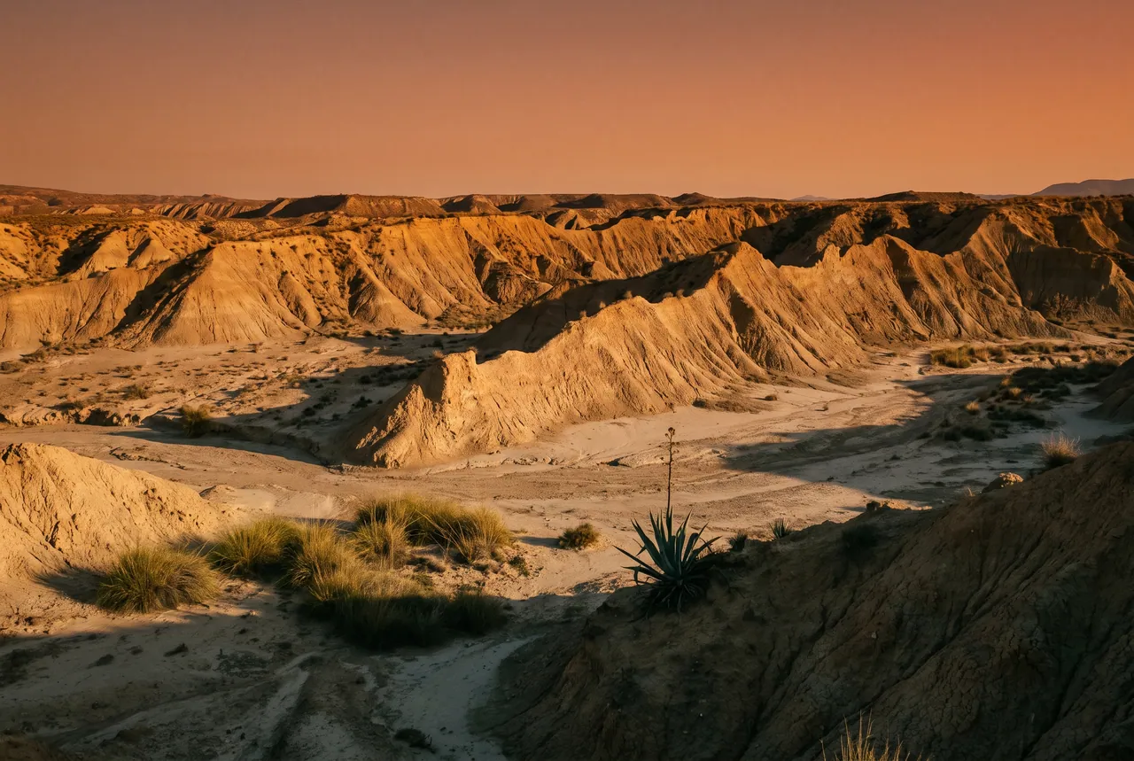 El desierto de Tabernas al atardecer, con barrancos de arena dorada
