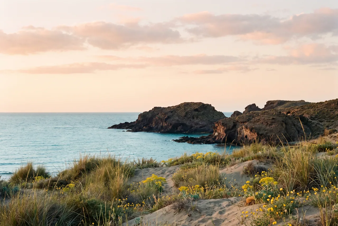 La costa de Cabo de Gata al amanecer, con el mar en calma y dunas con flores