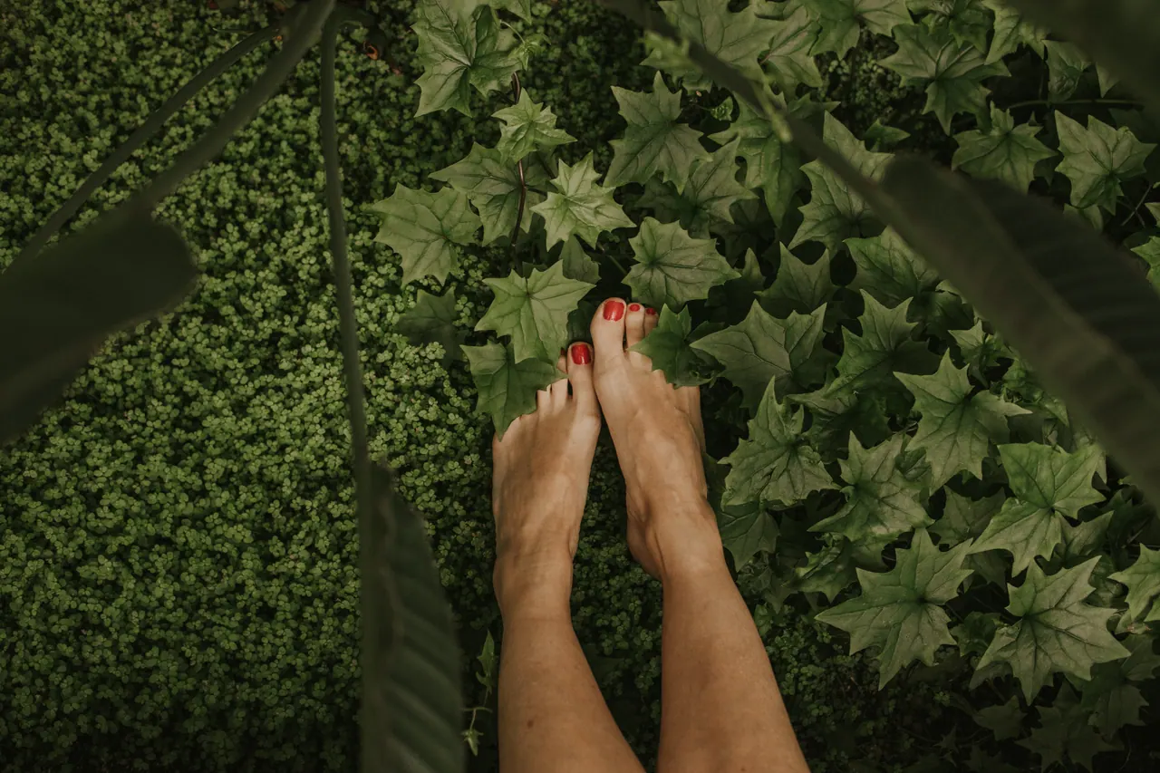 Los pies descalzos de Carmen sobre la hiedra